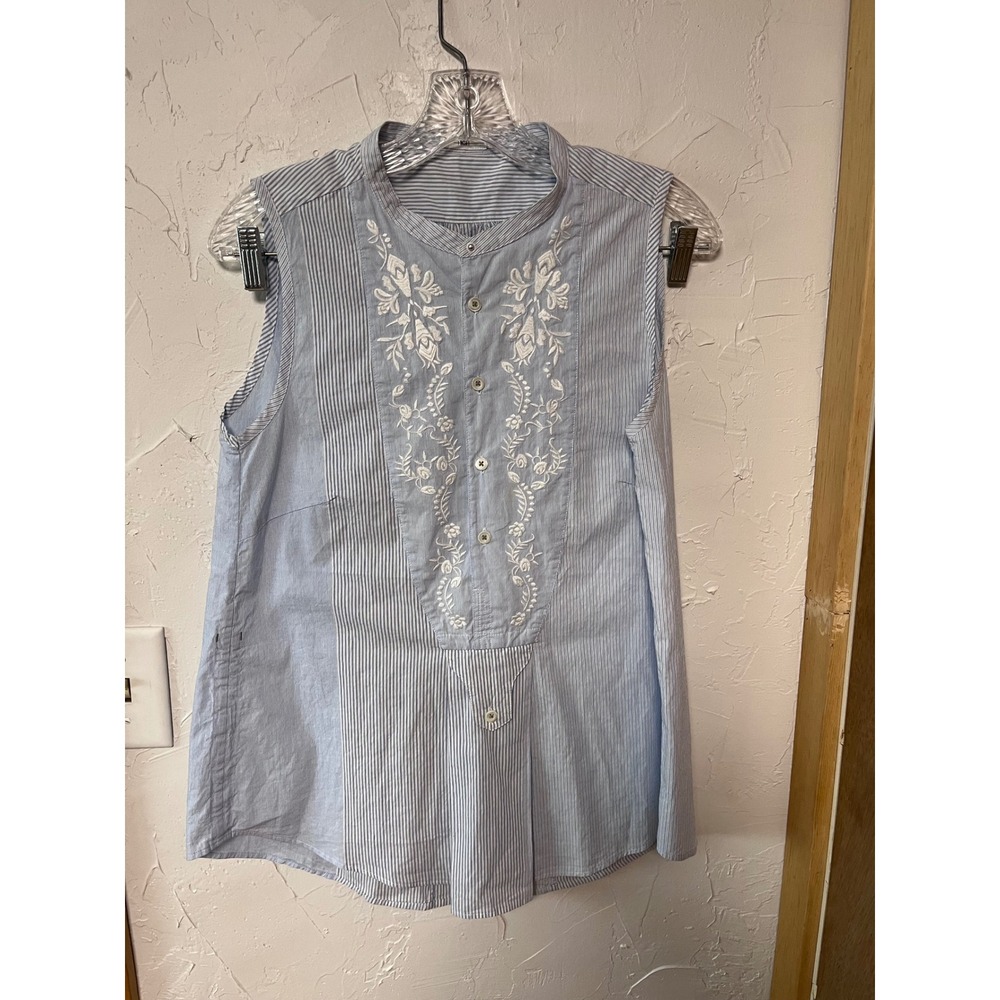 HIGH Striped Sleeveless Embroidered Mandarin Collar Tunic Shirt‎ Women's Size 6